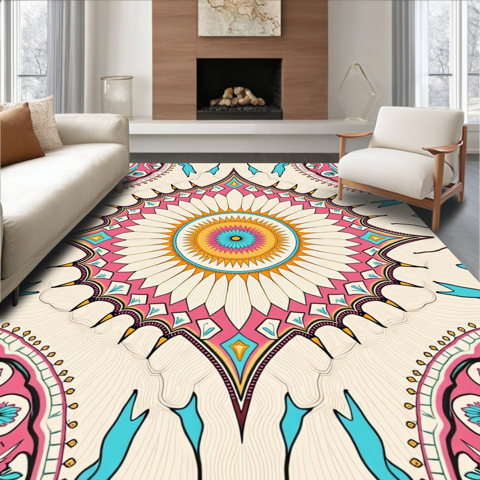Vivid Teal Pink Sunburst Medallion Rug