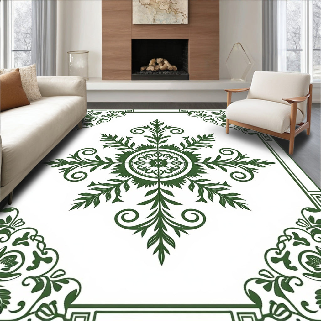 Elegant Green Floral Scroll Pattern Rug