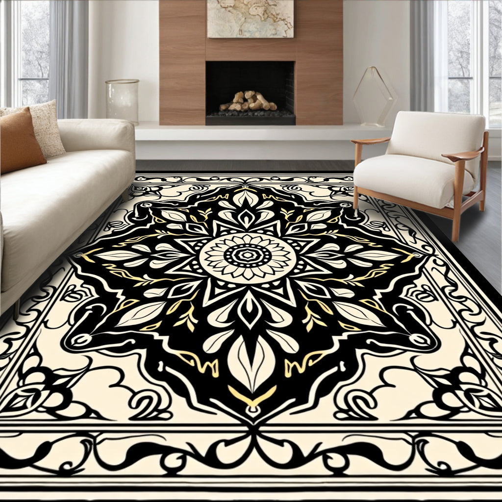 Ornate Black And Cream Floral Rug