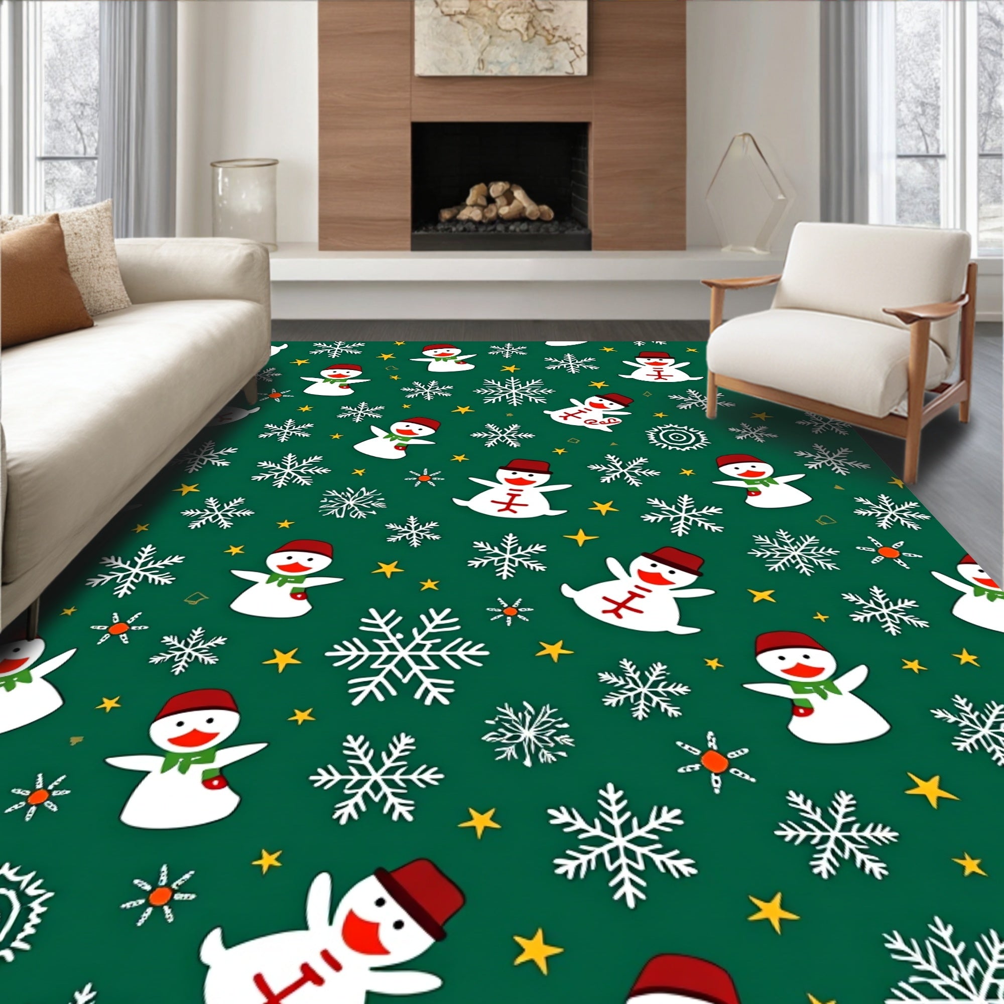 Festive Snowmen White Snowflake Scatter Rug
