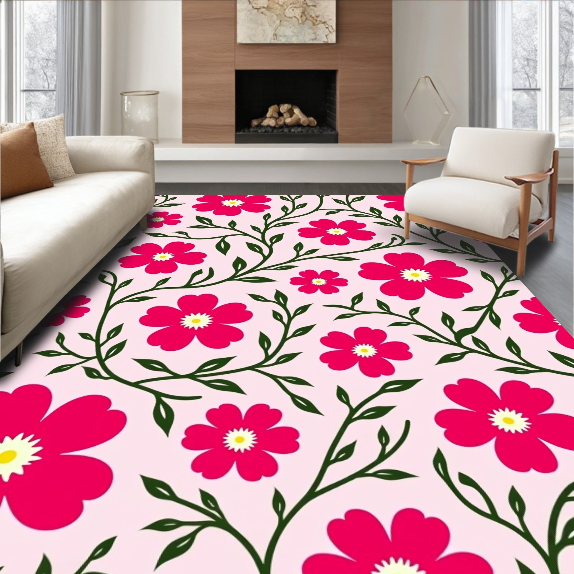 Vibrant Blooms Greenery Pattern Rug