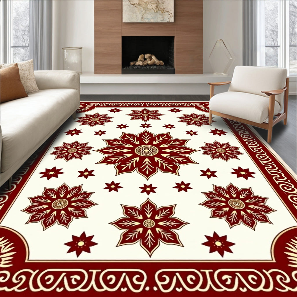 Maroon Floral Center Border Design Rug