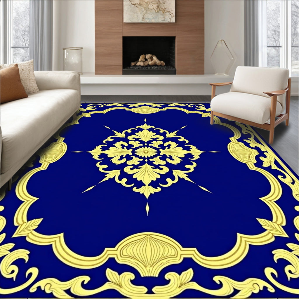 Royal Blue Gold Floral Medallion Rug