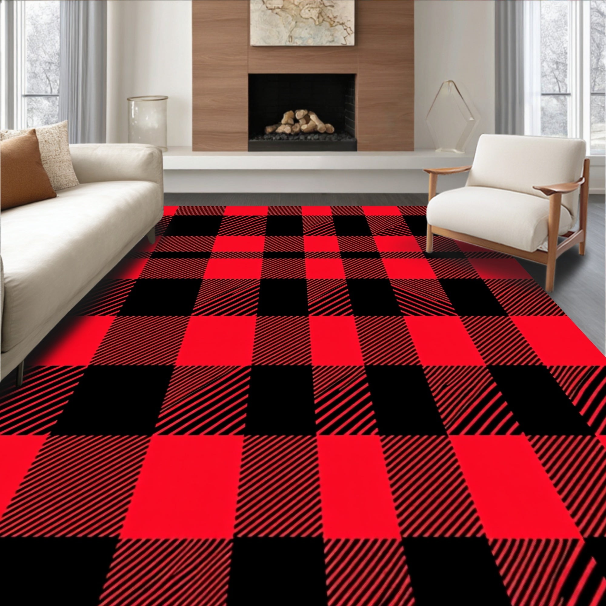 Red Black Plaid Pattern Rug