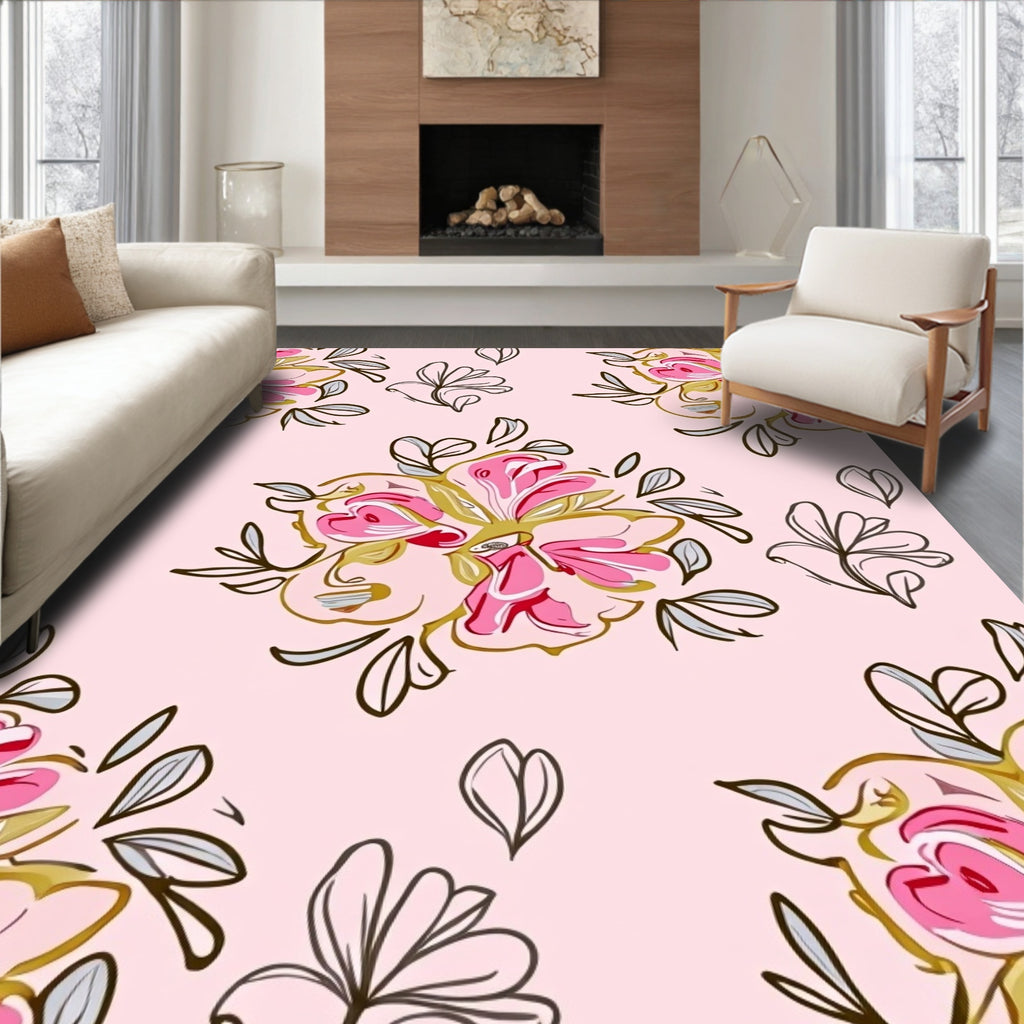 Pink Floral Outline Botanical Design Rug