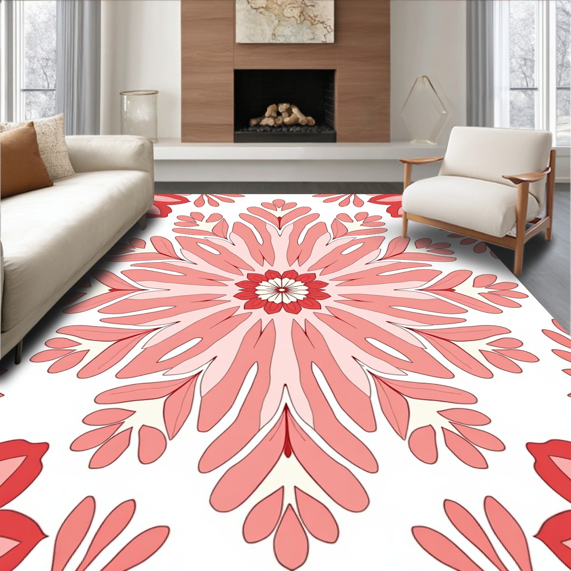 Floral Mandala Style Red Rug