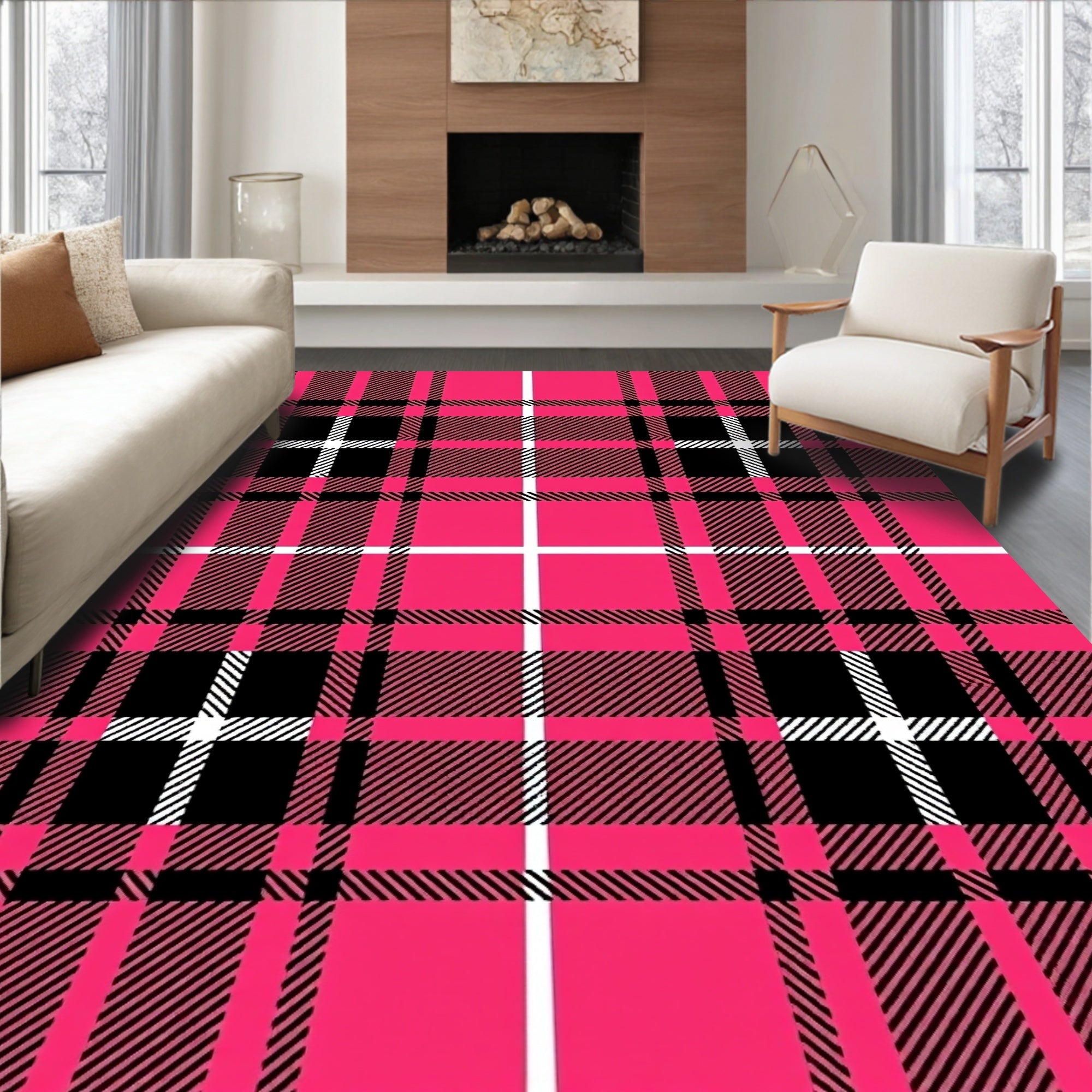 Bold Pink Black White Plaid Pattern Rug
