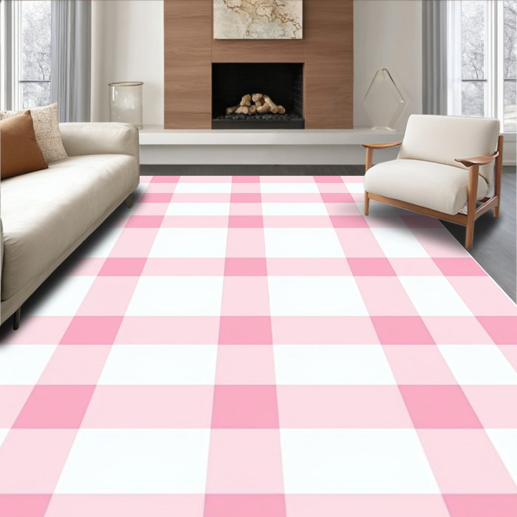 Soft Pink White Gingham Pattern Rug