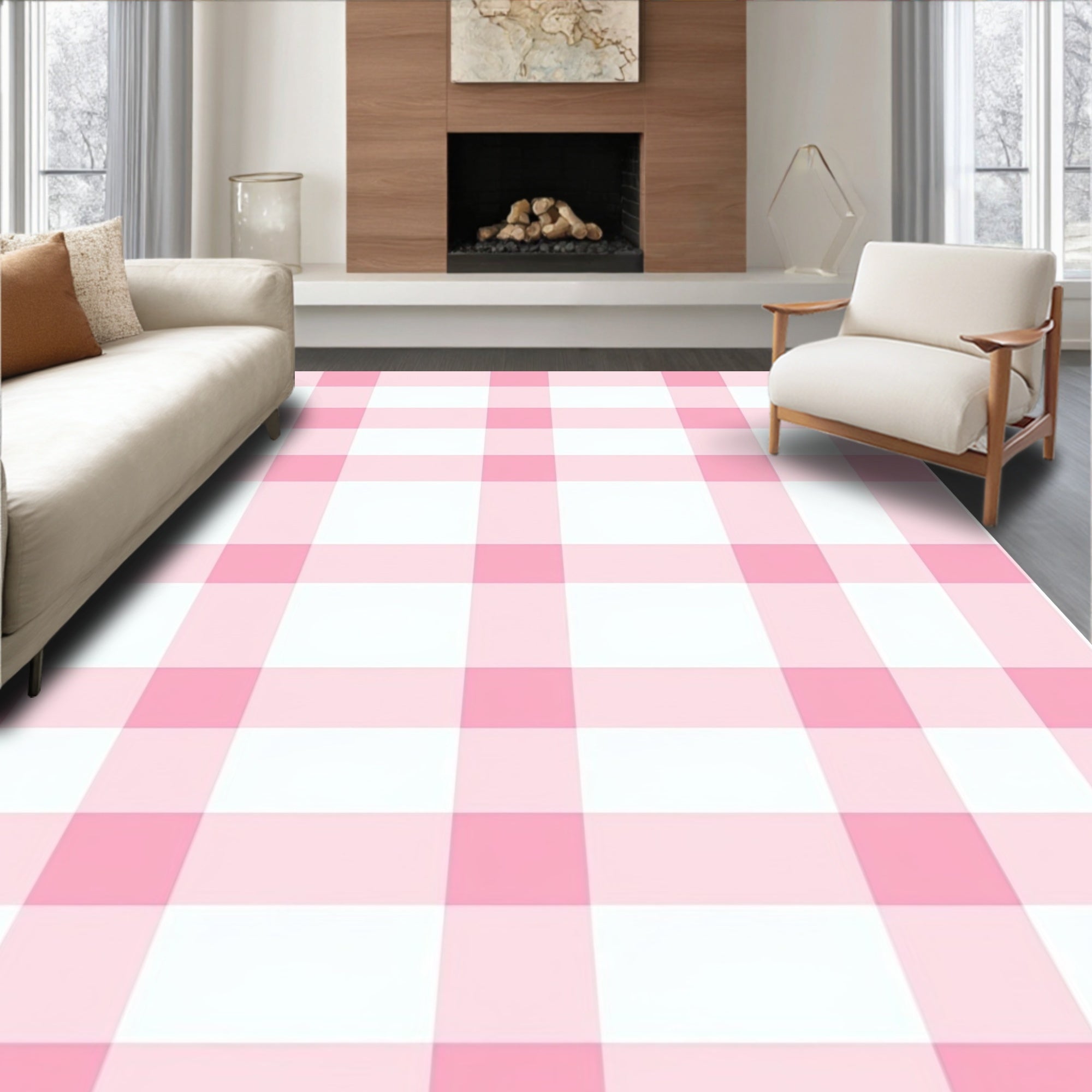 Soft Pink White Gingham Pattern Rug