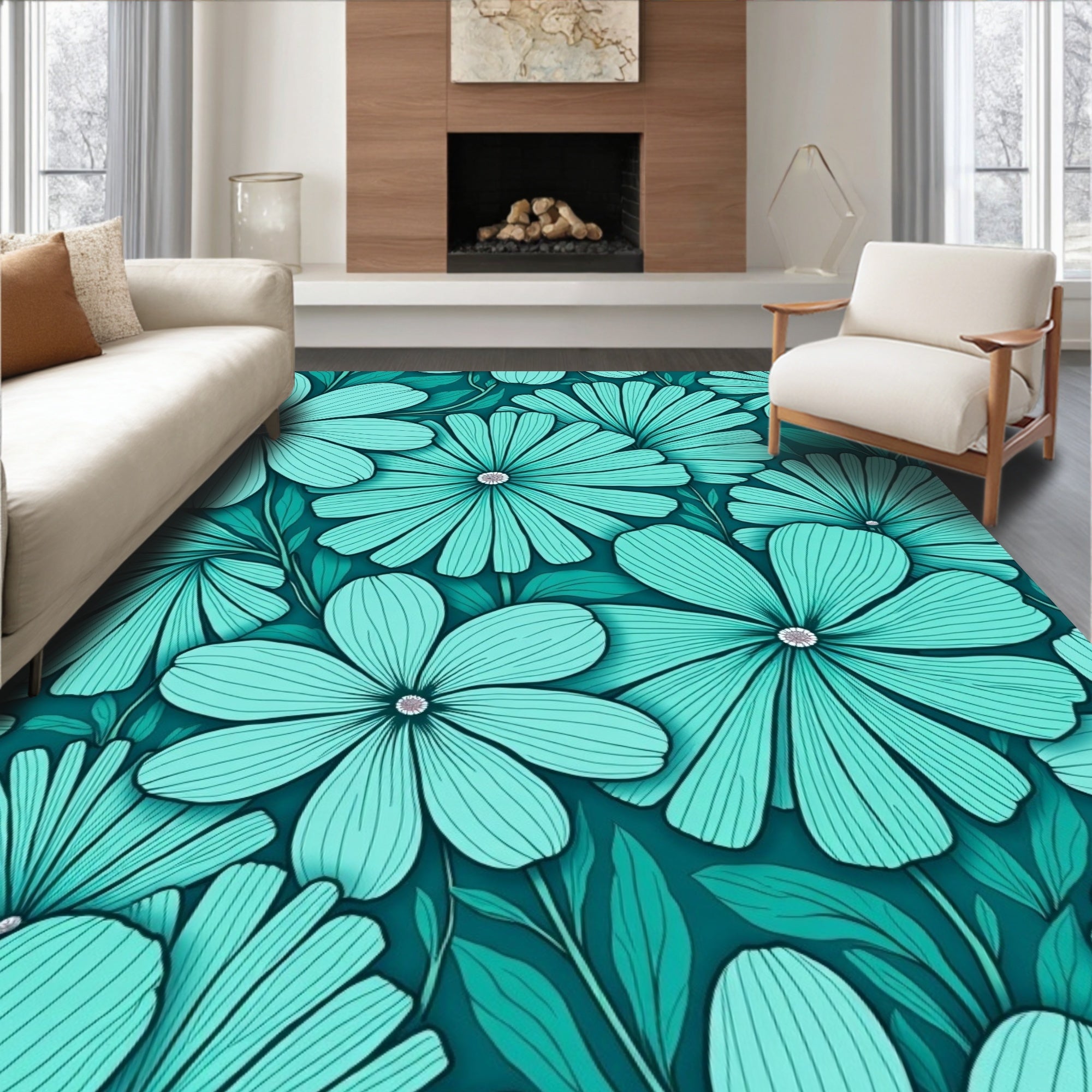 Teal Daisy Patterned Floral Rug