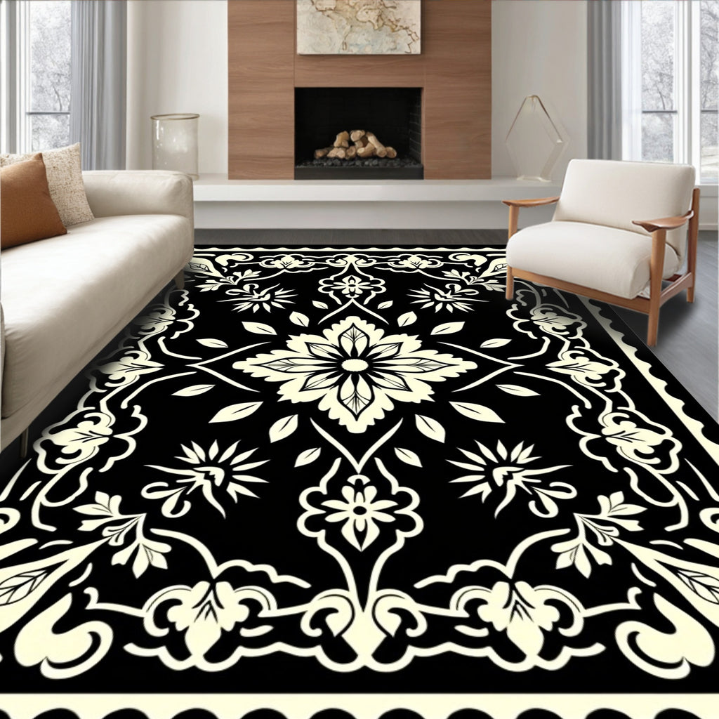 Cream Floral Medallion on Black Field Rug