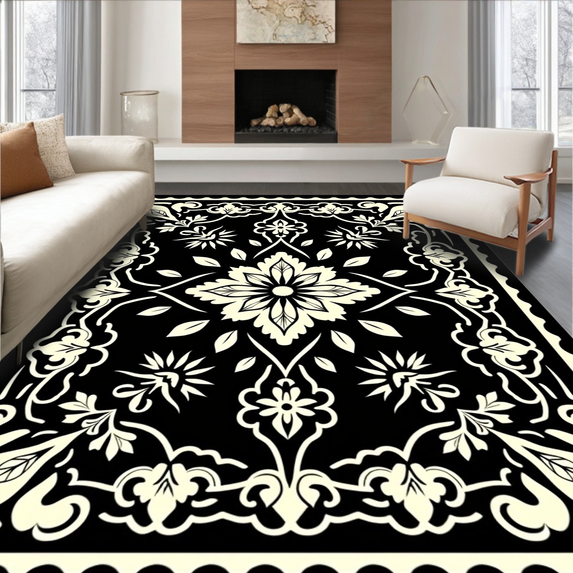 Cream Floral Medallion on Black Field Rug