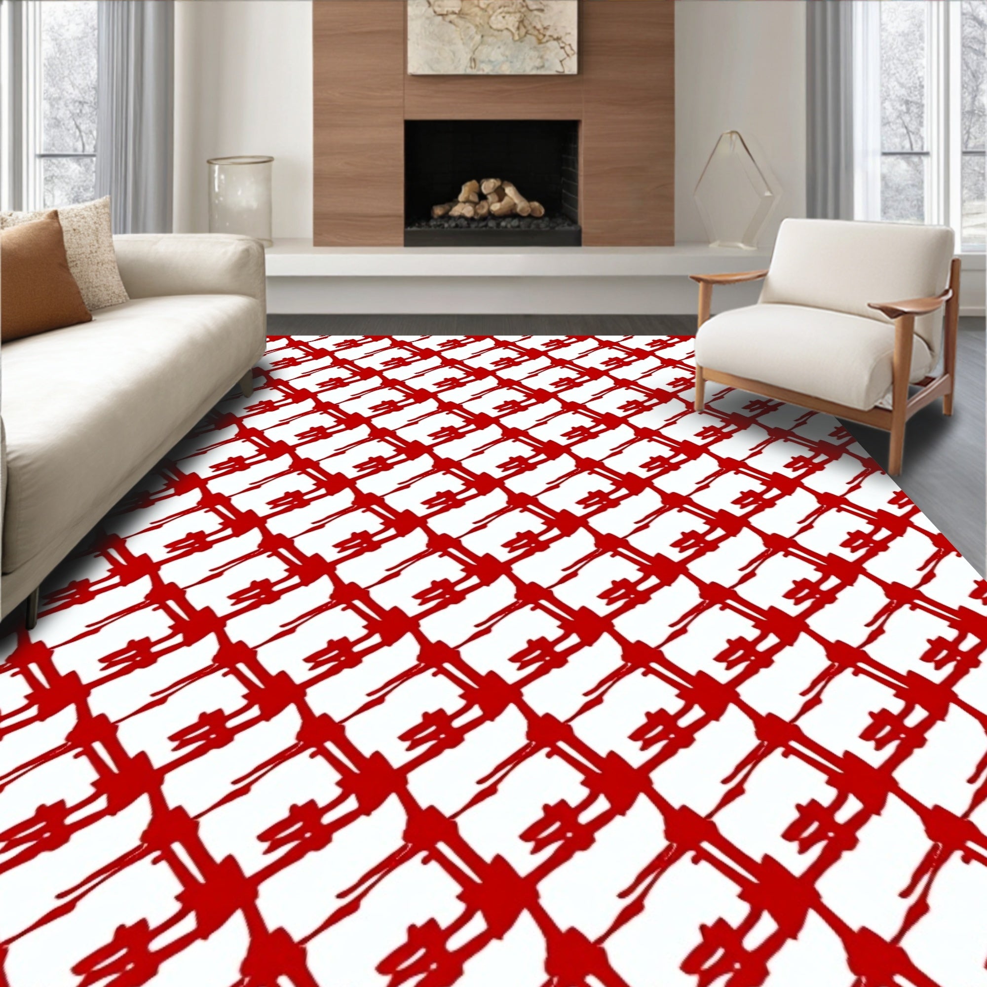 Bold Scratchy Red Diamond Pattern Rug