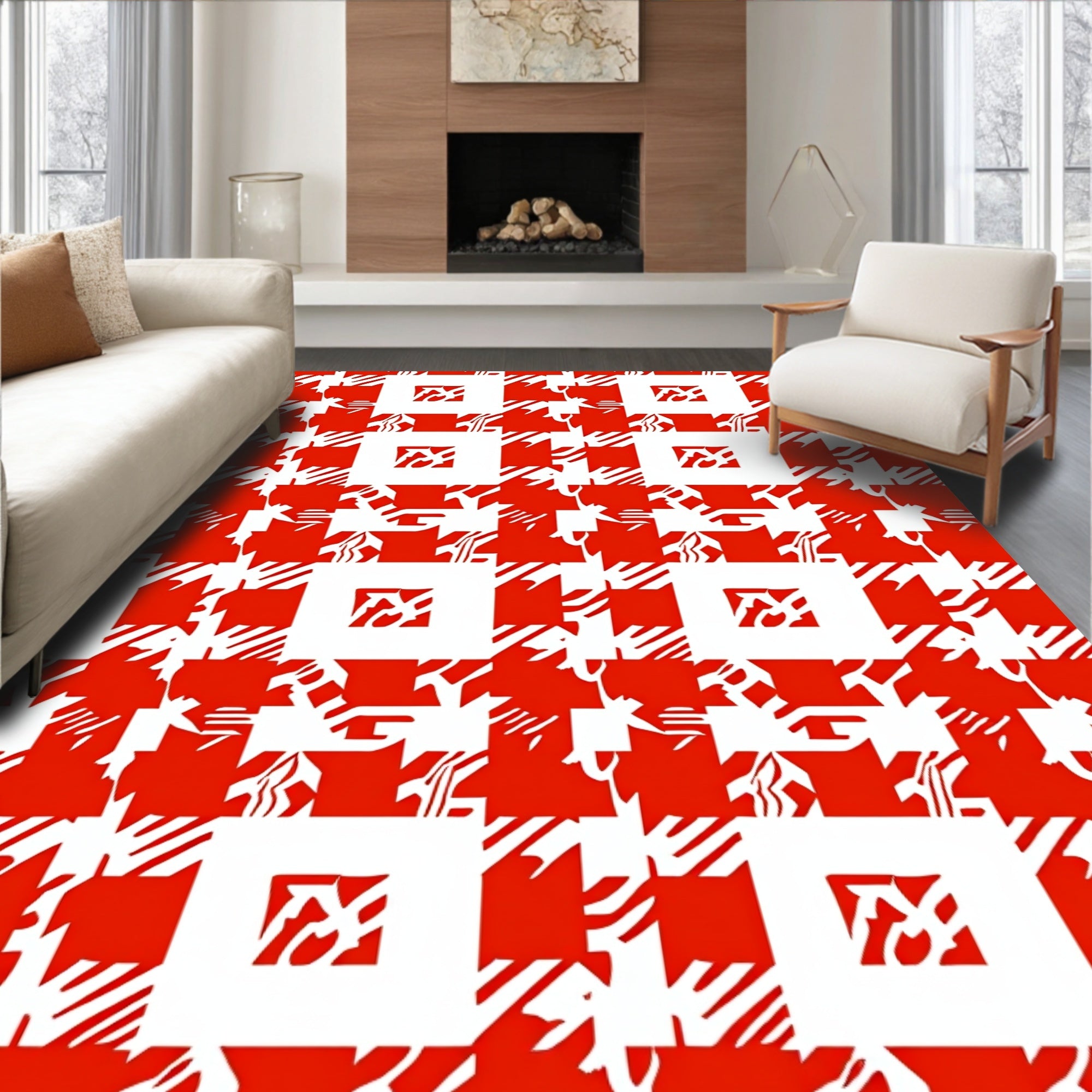 Bold Red 2 Tone Geometric Houndstooth Rug