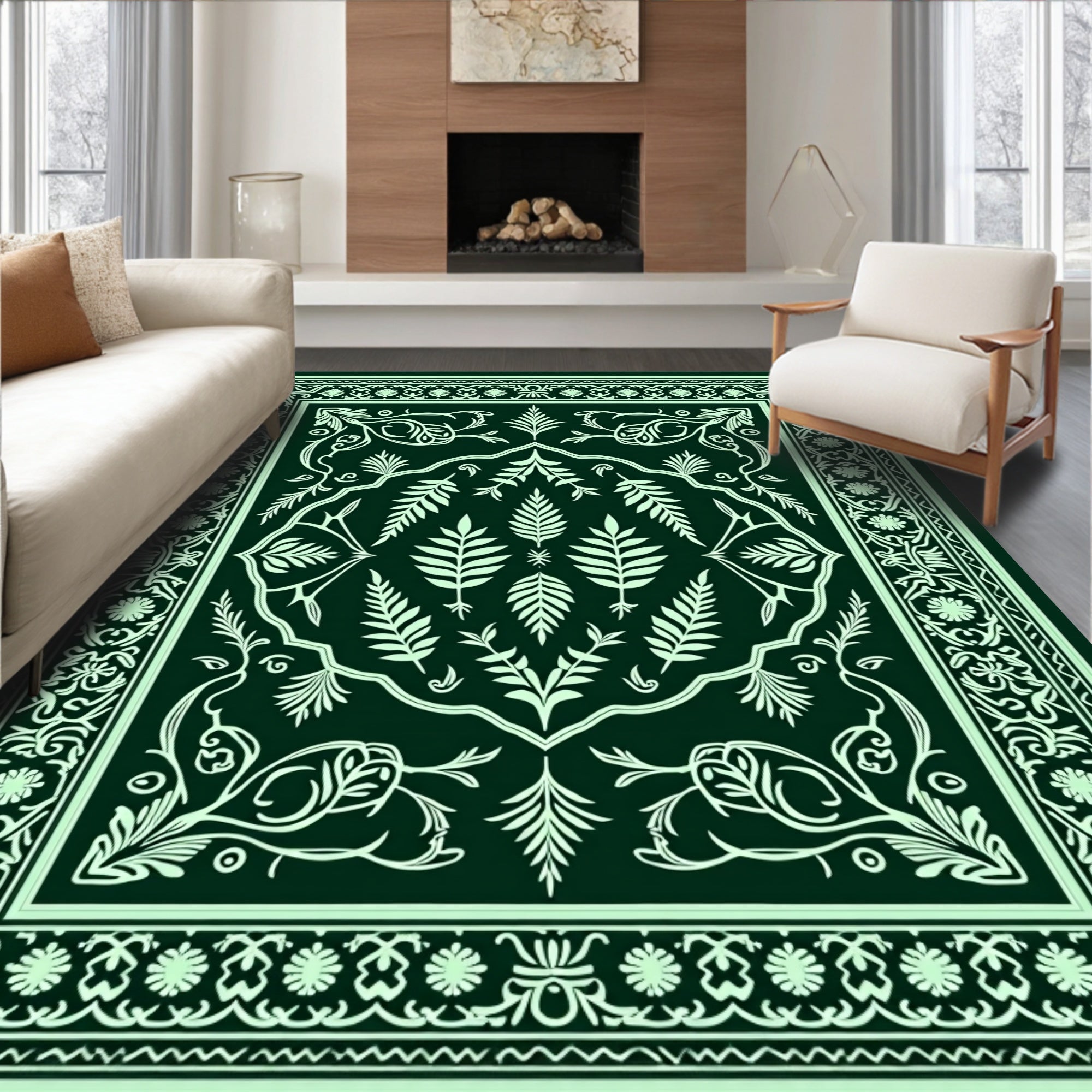 Elegant Green Floral Gilded Pattern Rug