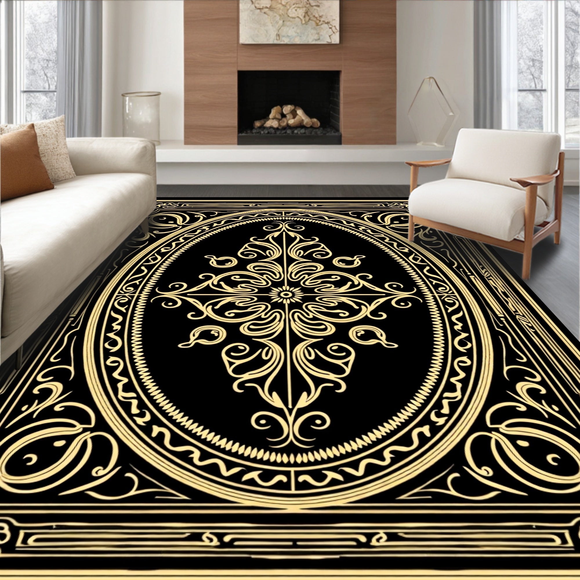 Elegant Golden Floral Art Nouveau Rug