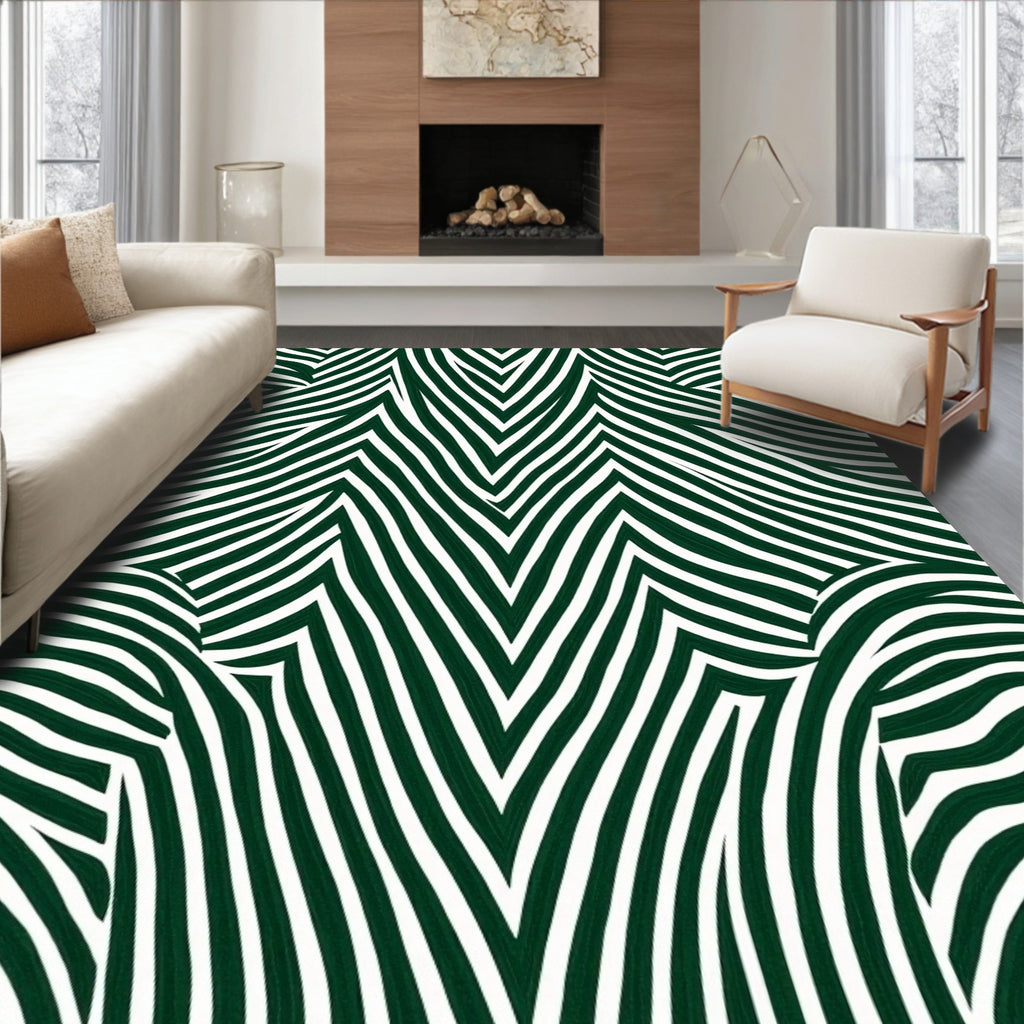 Dark Green White Abstract Wave Pattern Rug