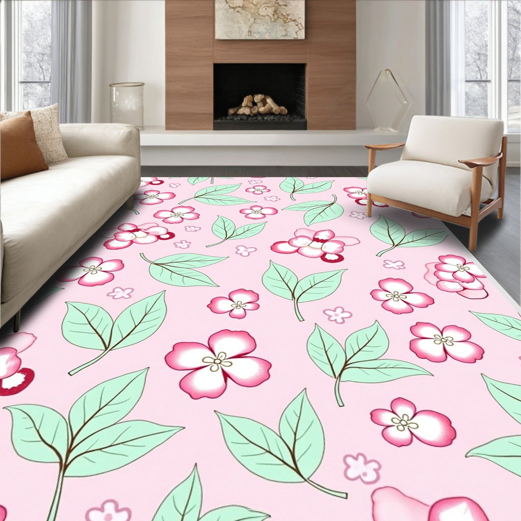 Pink Floral Leaves Design Rug
