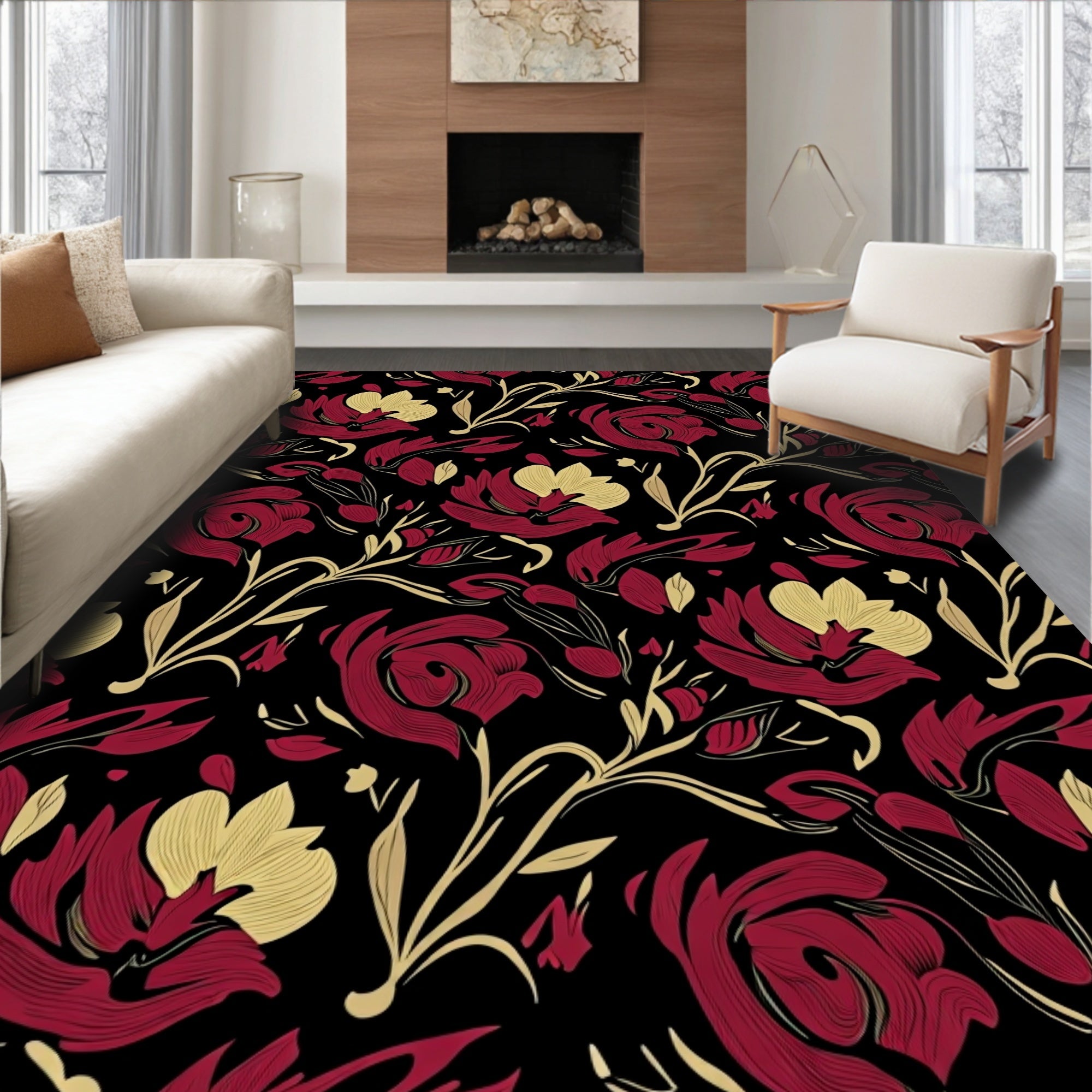 Dark Floral Vine Pattern Rug