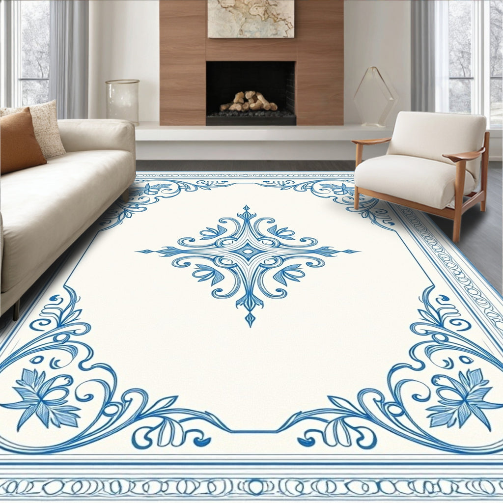 Elegant Blue Floral Scrollwork Design Rug
