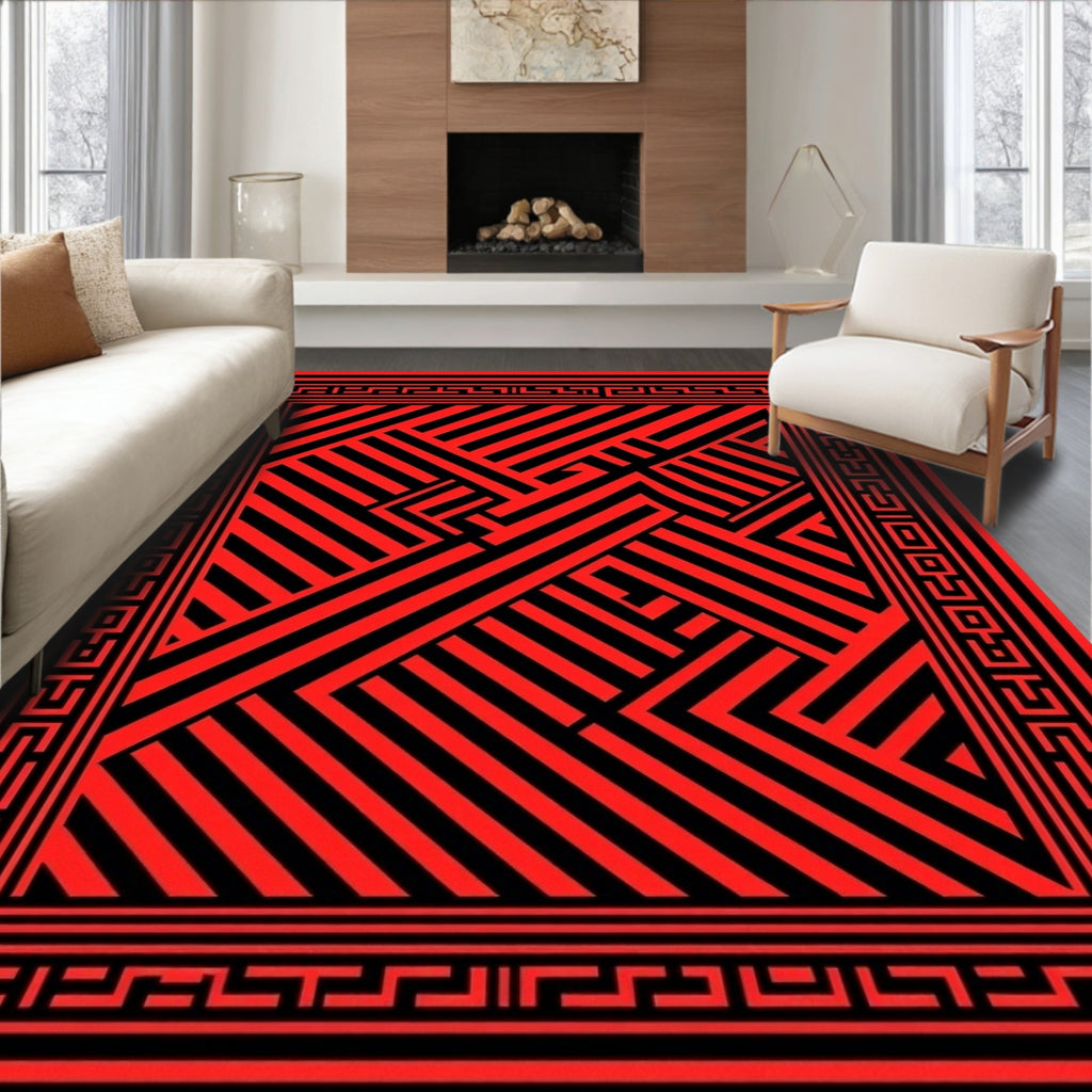 Bold Red Black Linear Maze Design Rug