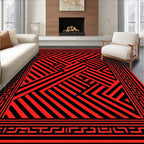 Bold Red Black Linear Maze Design Rug