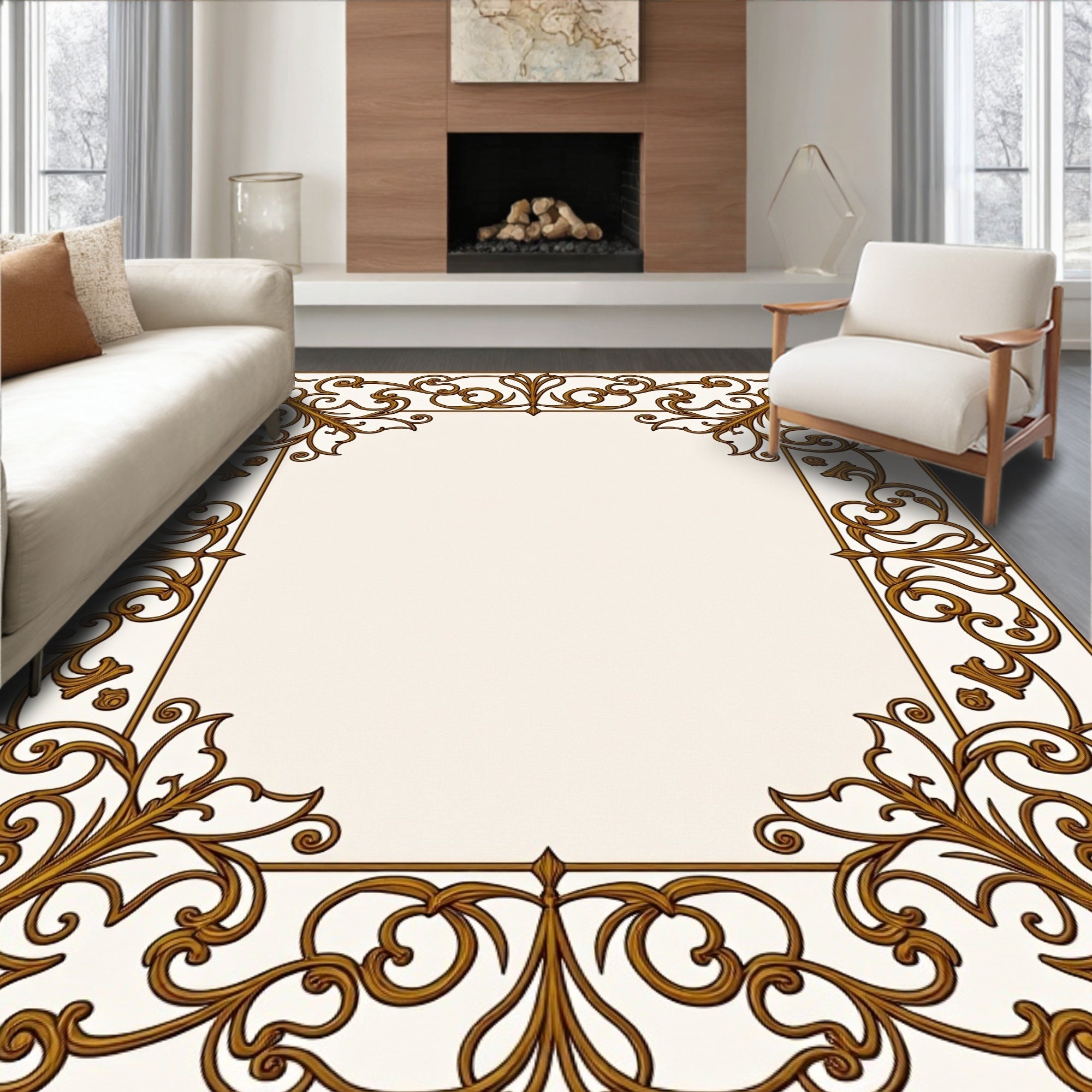 Elegant Gold Vine Scroll Border Design Rug