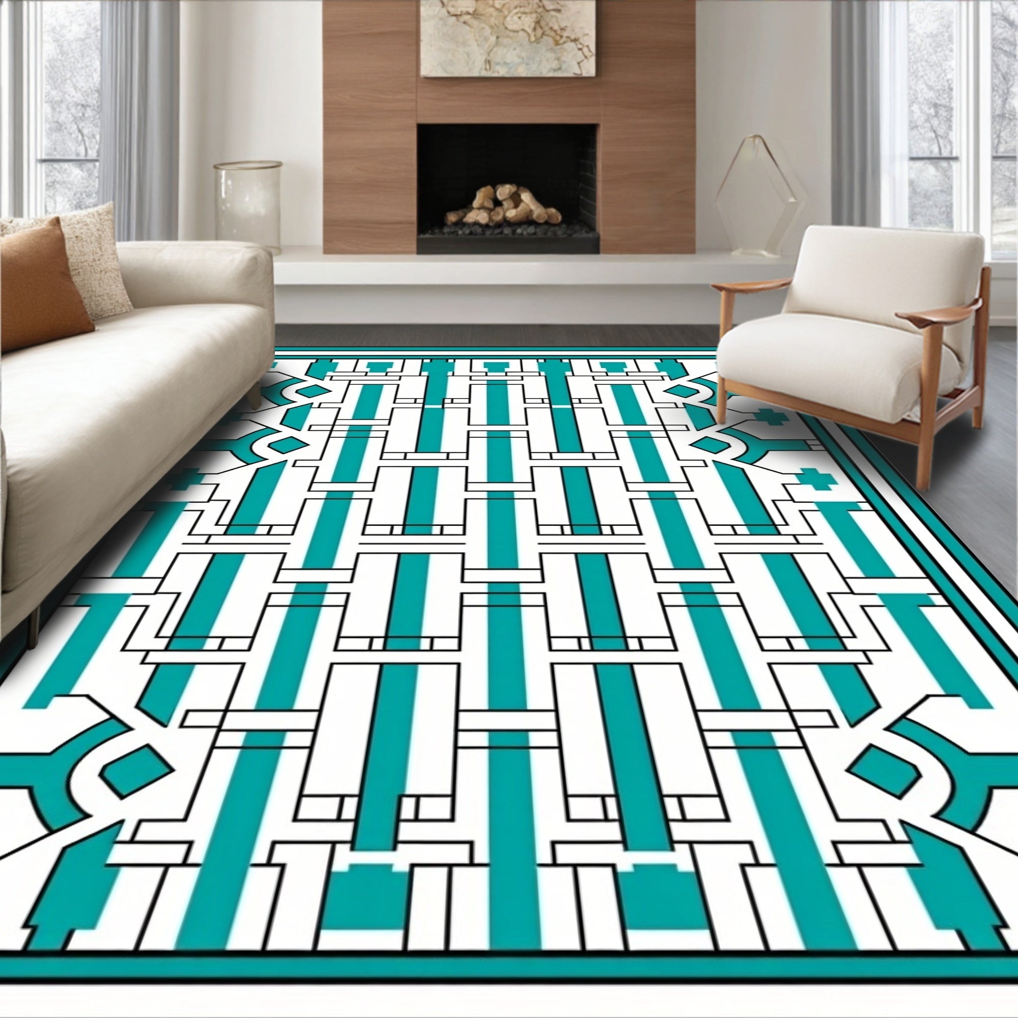 Teal White Geometric Lattice Rug