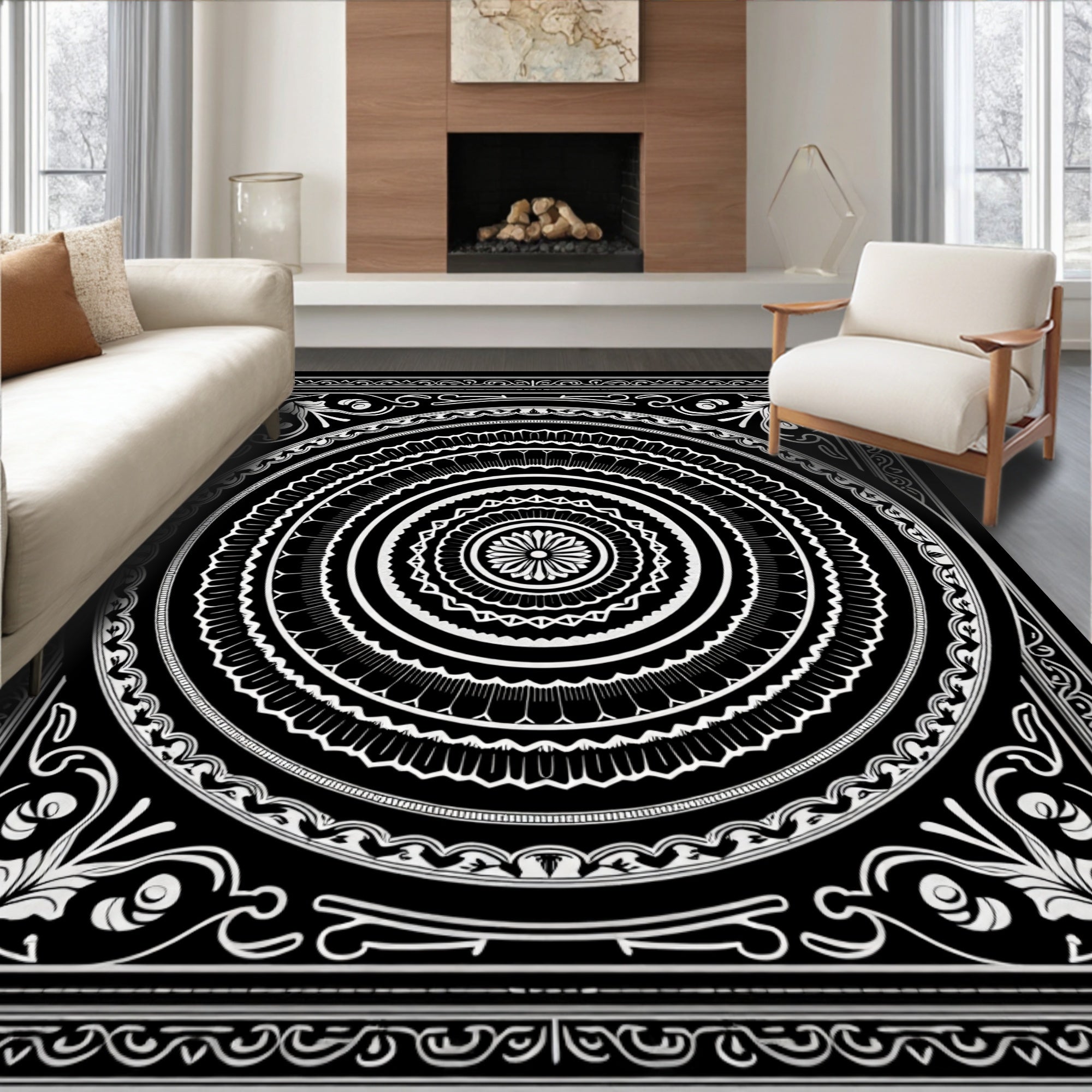 Monochromatic Circular Floral Mandala Art Rug