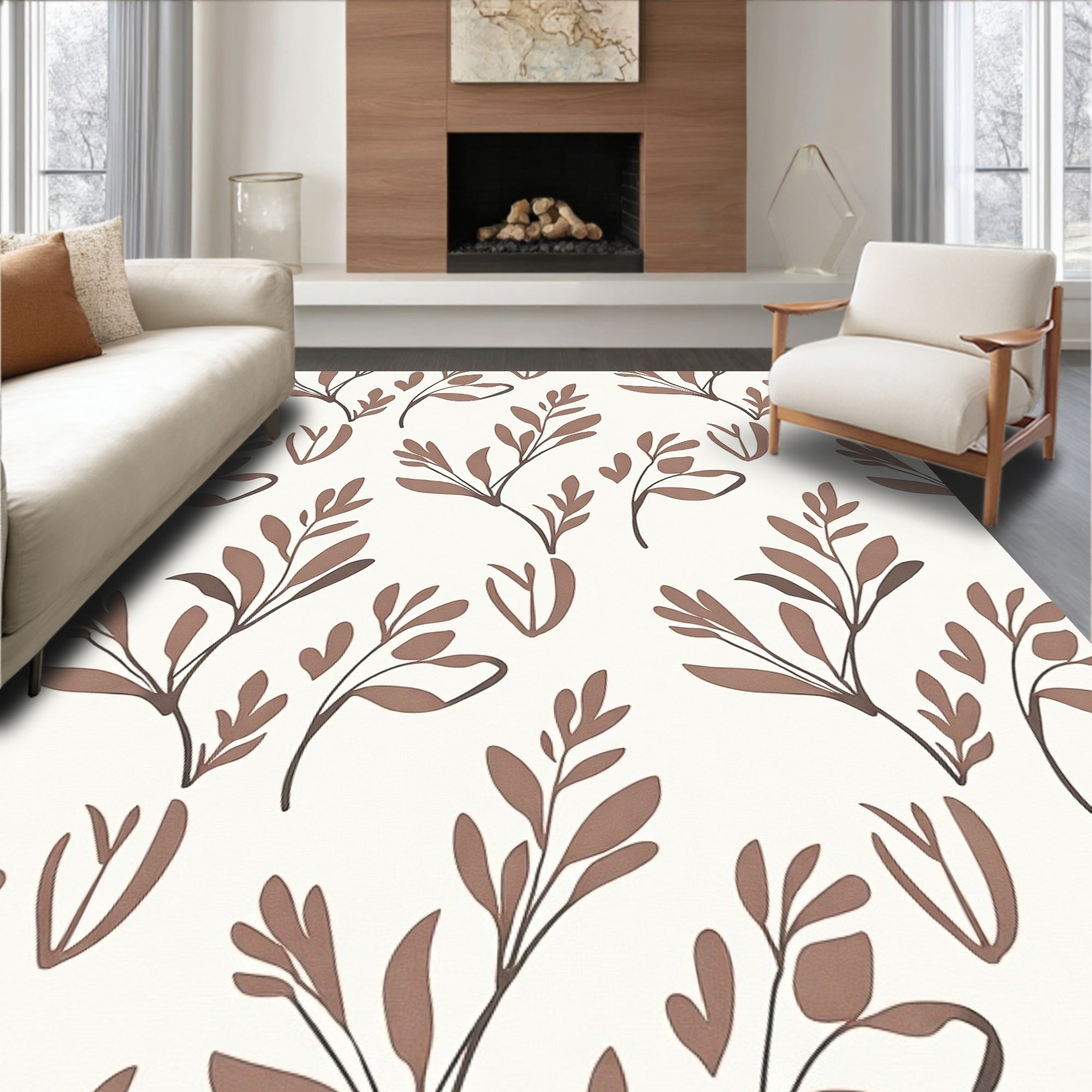 Brown Leafy Branch Pattern Rug