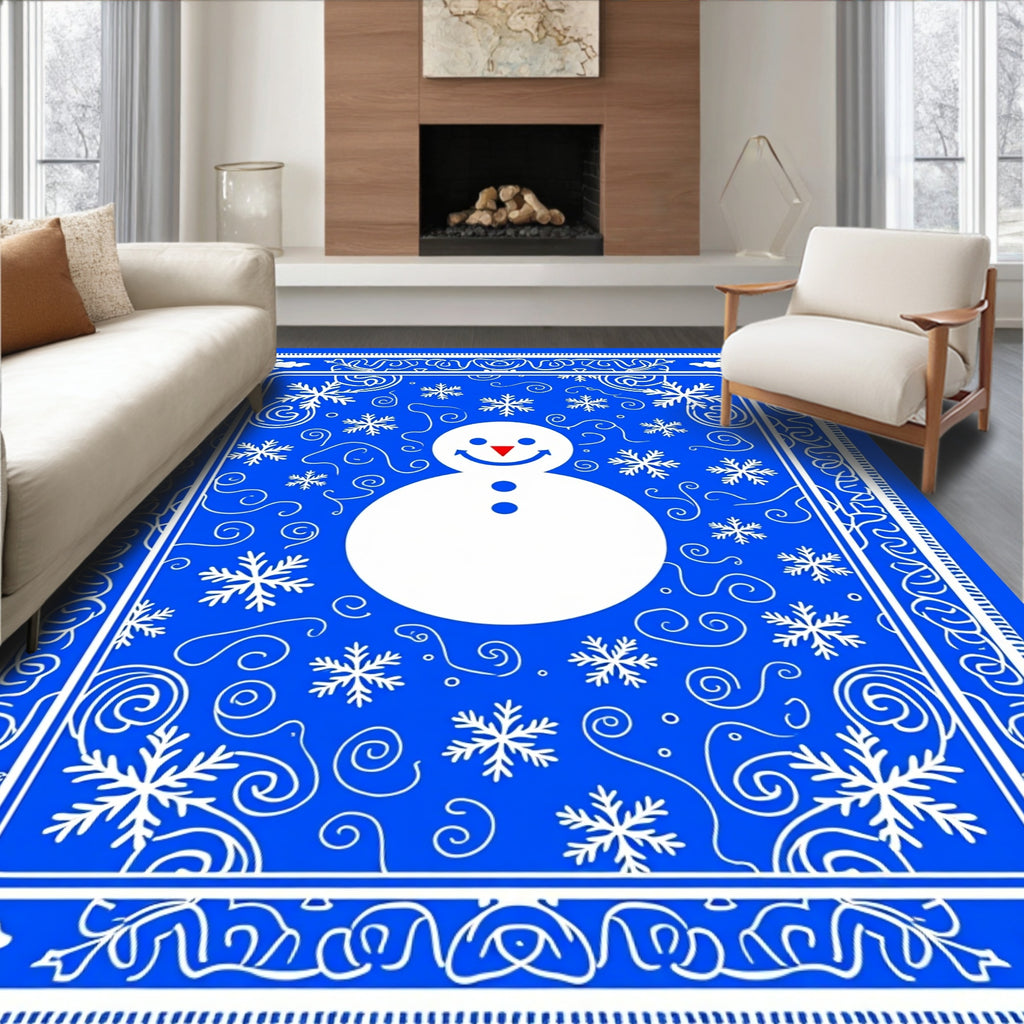 Winter Blue Snowman Snowflake Border Rug