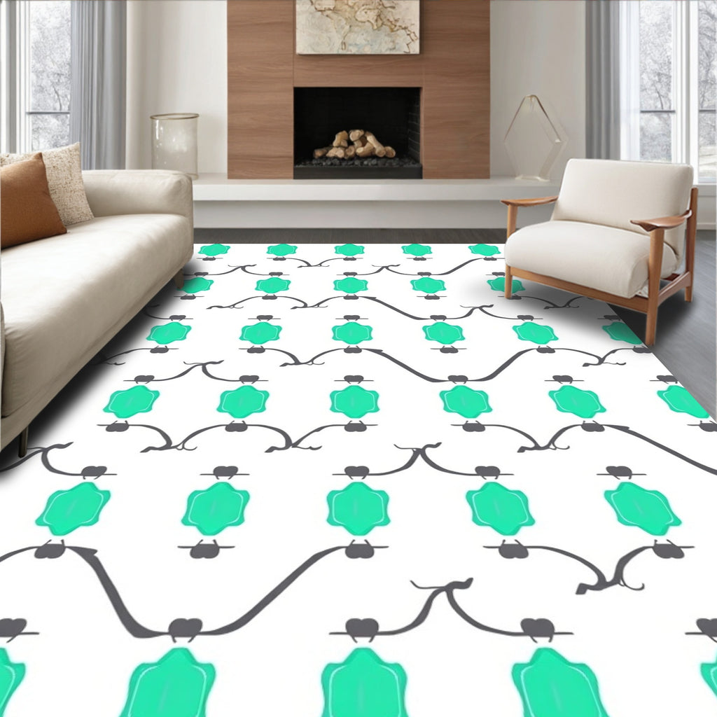 Teal Geometric Swirling Vine Pattern Rug