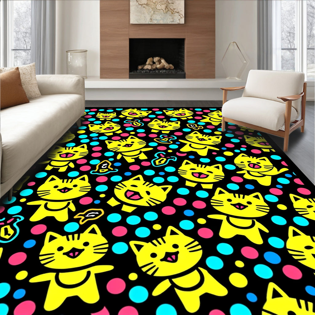 Playful Yellow Kitty Dot Design Rug