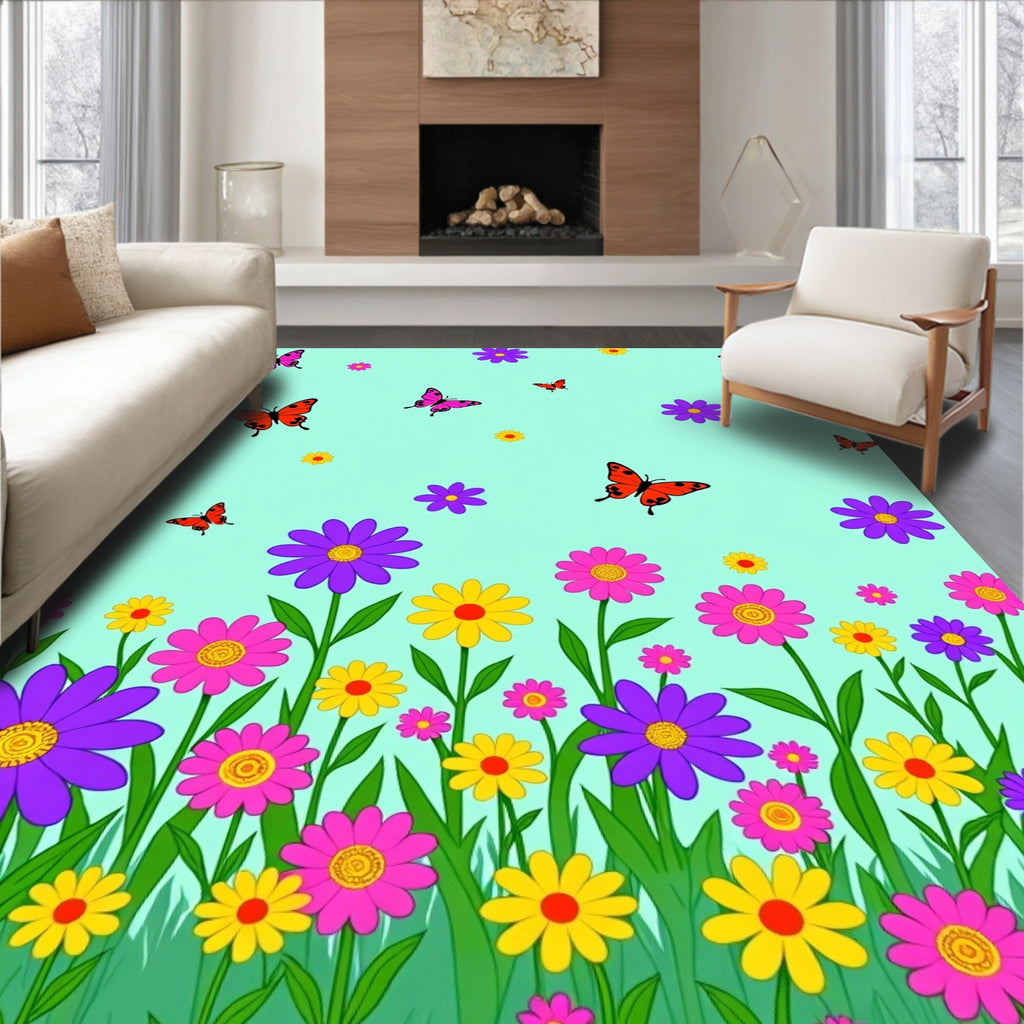 Colorful Butterflies and Vibrant Flowers Rug
