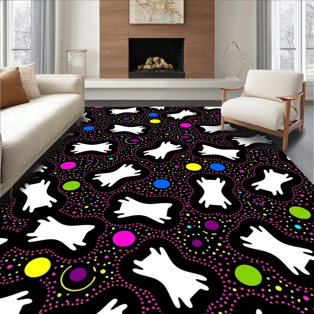Whimsical White Figures Colorful Dot Design Rug