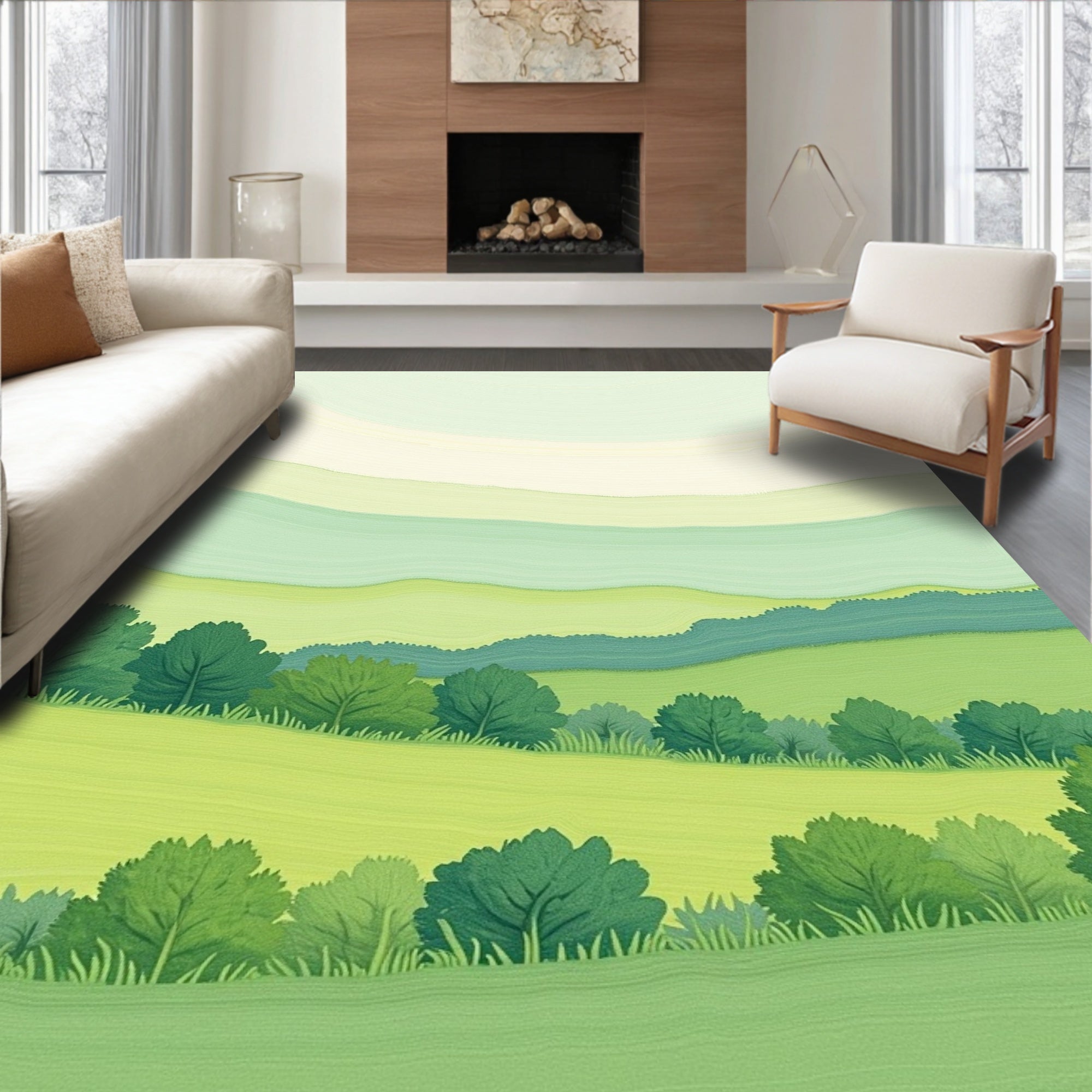 Verdant Rolling Hills Landscape Design Rug