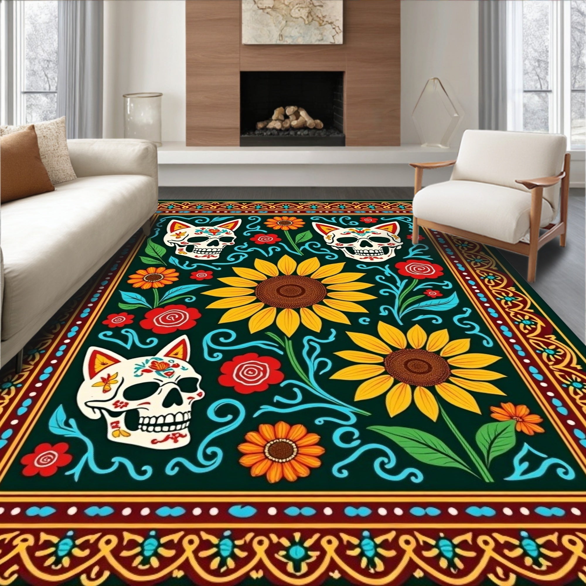 Floral Skull Pattern Rug