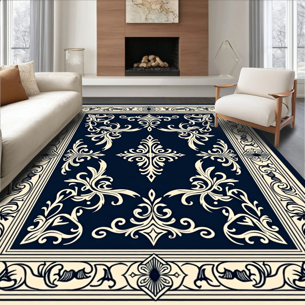 Elegant Dark Blue Floral Scroll Border Rug