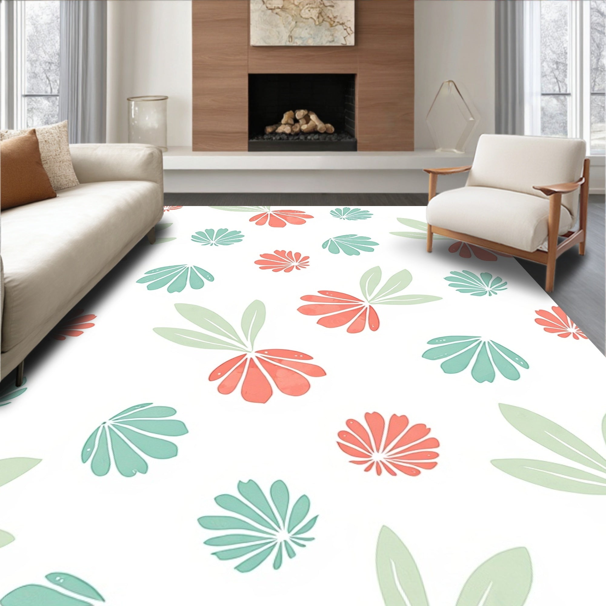 Coral and Teal Floral Pattern Rug