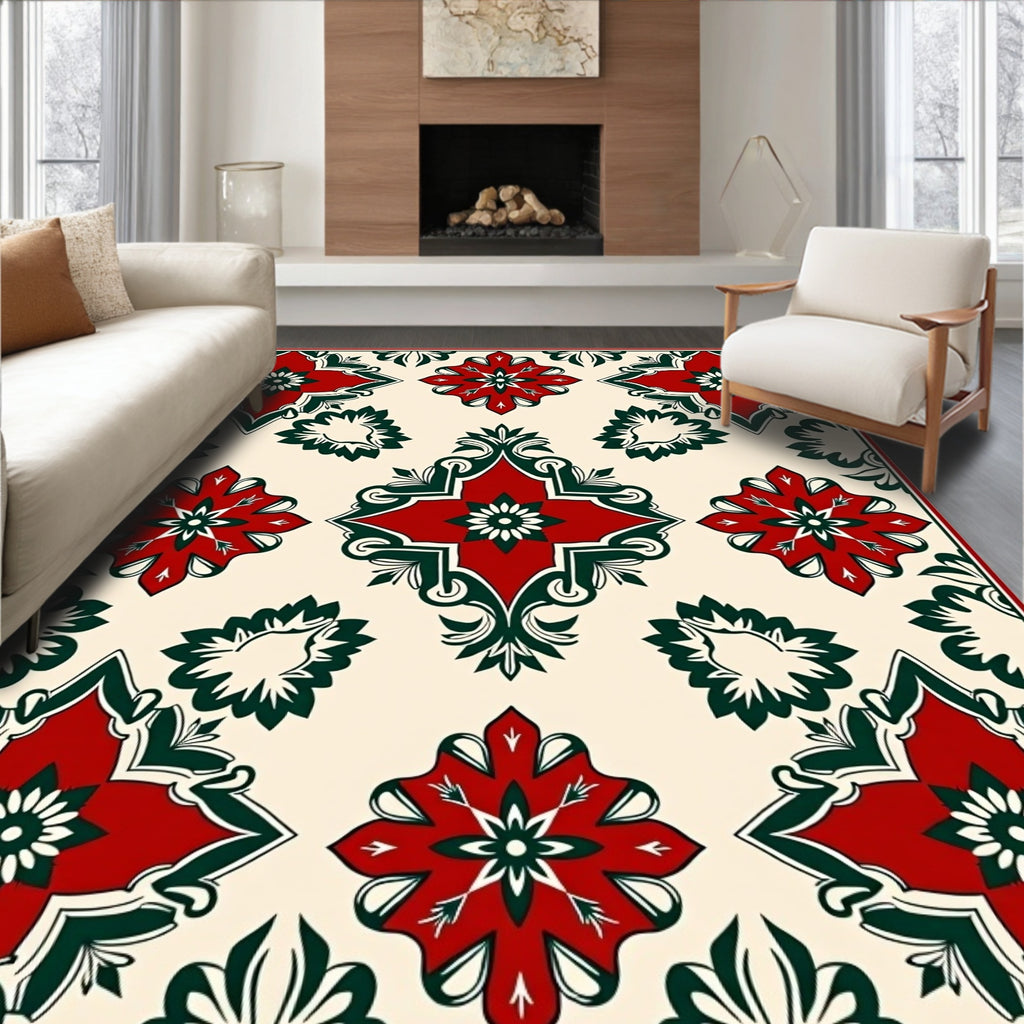 Red Green Floral Medallion Pattern Rug
