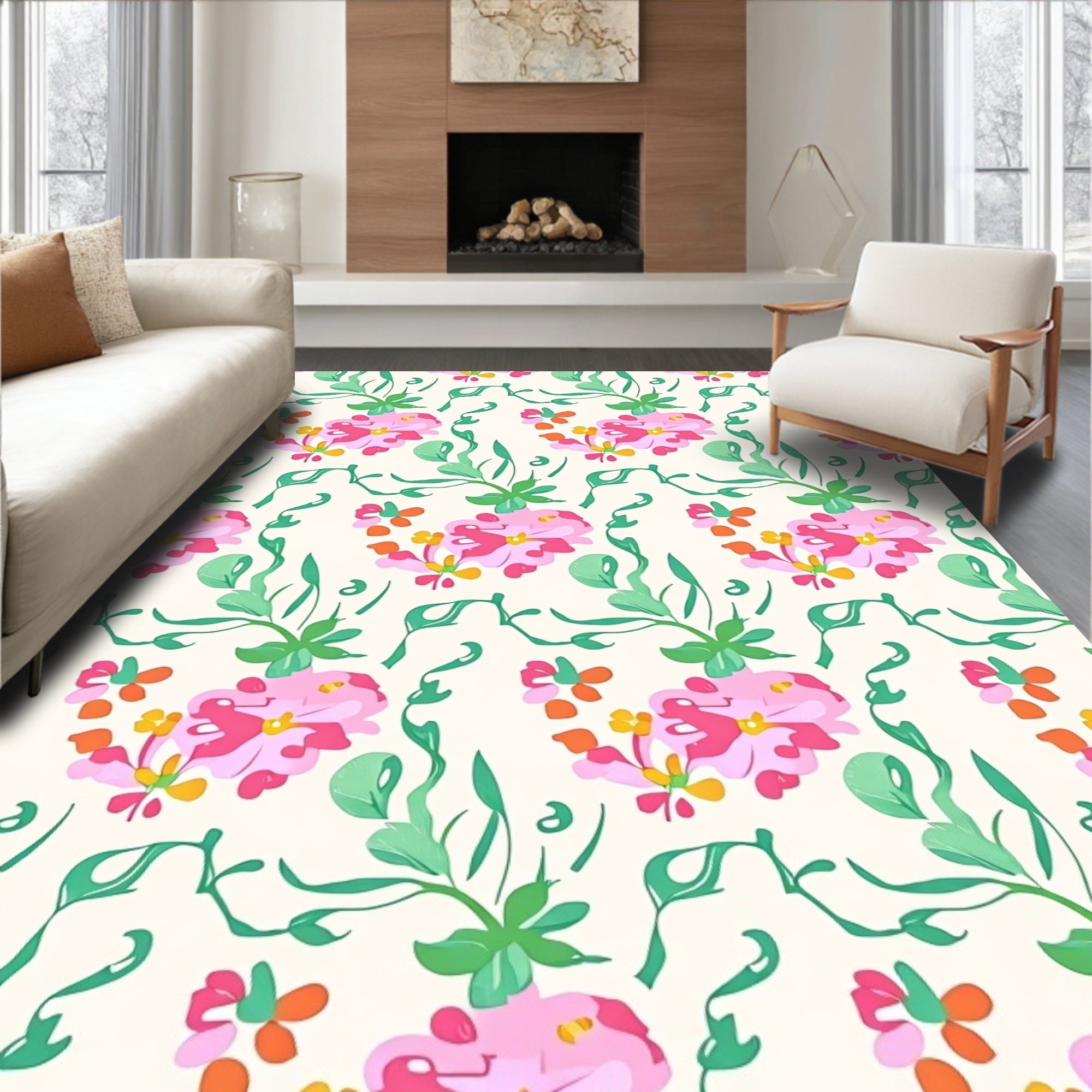 Pink Green Floral Whimsical Pattern Rug