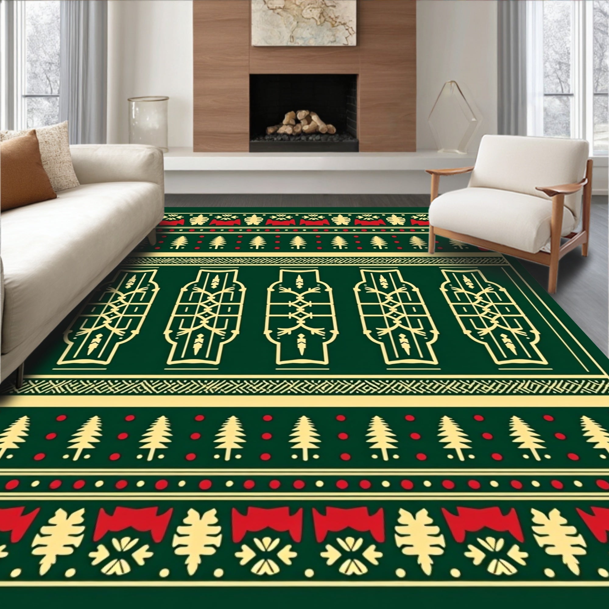 Festive Green Yellow Red Geometric Motif Rug