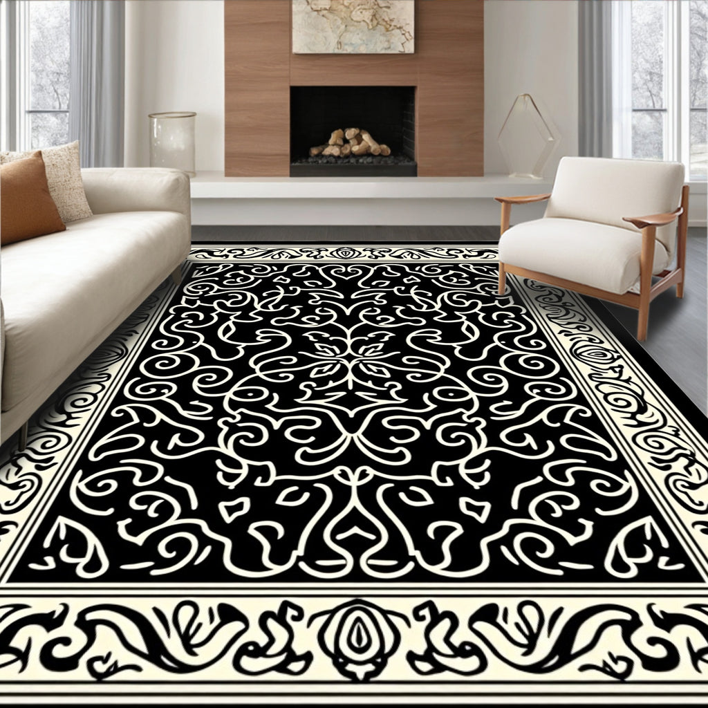 Ornate Scrollwork Pattern Black Rug