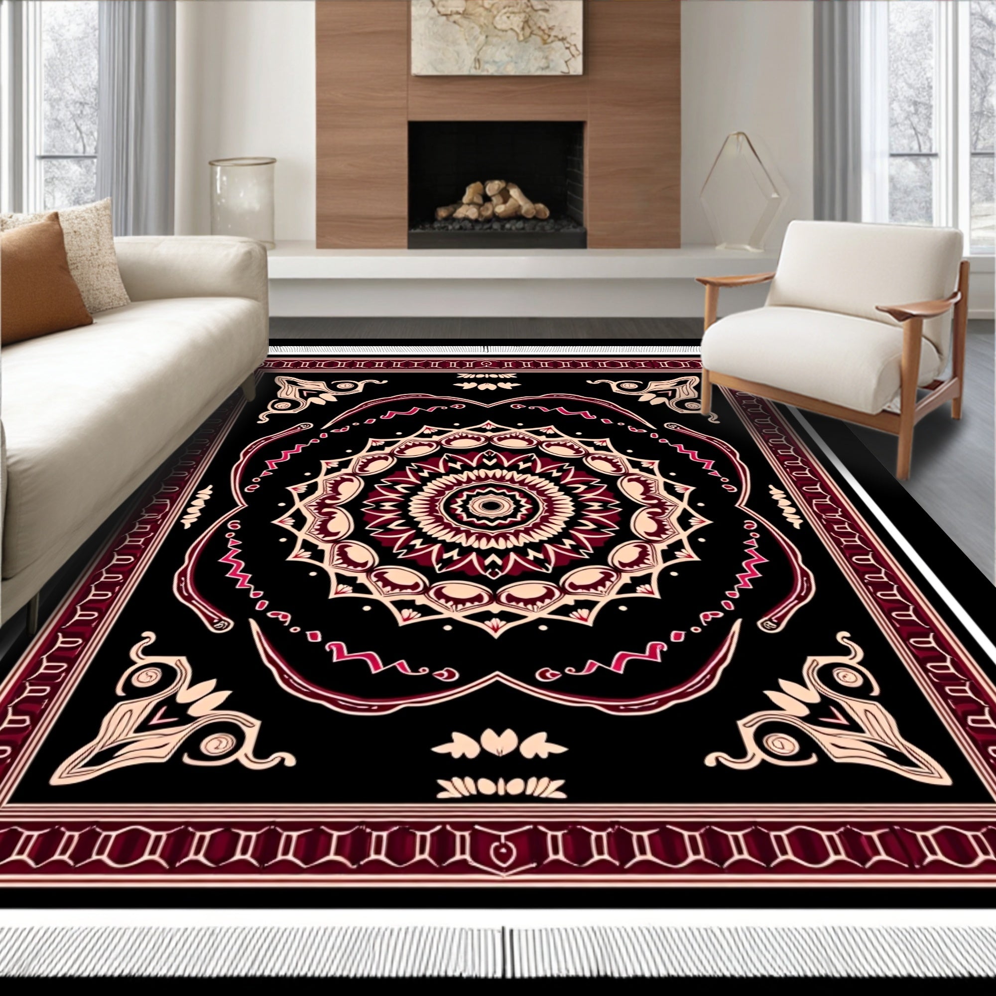 Crimson Black Mandala Centerpiece Rug