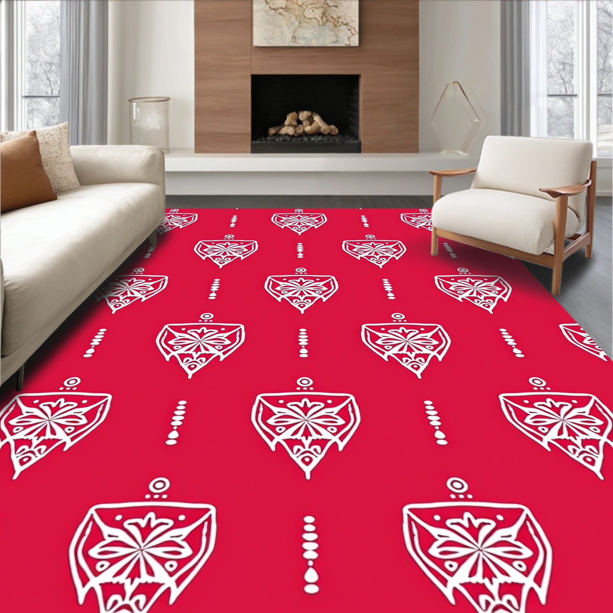 White Floral Shield Pattern Red Rug