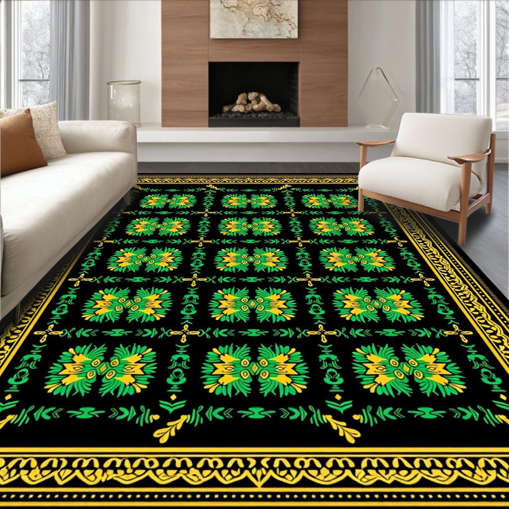 Ornate Green Yellow Floral Pattern Rug