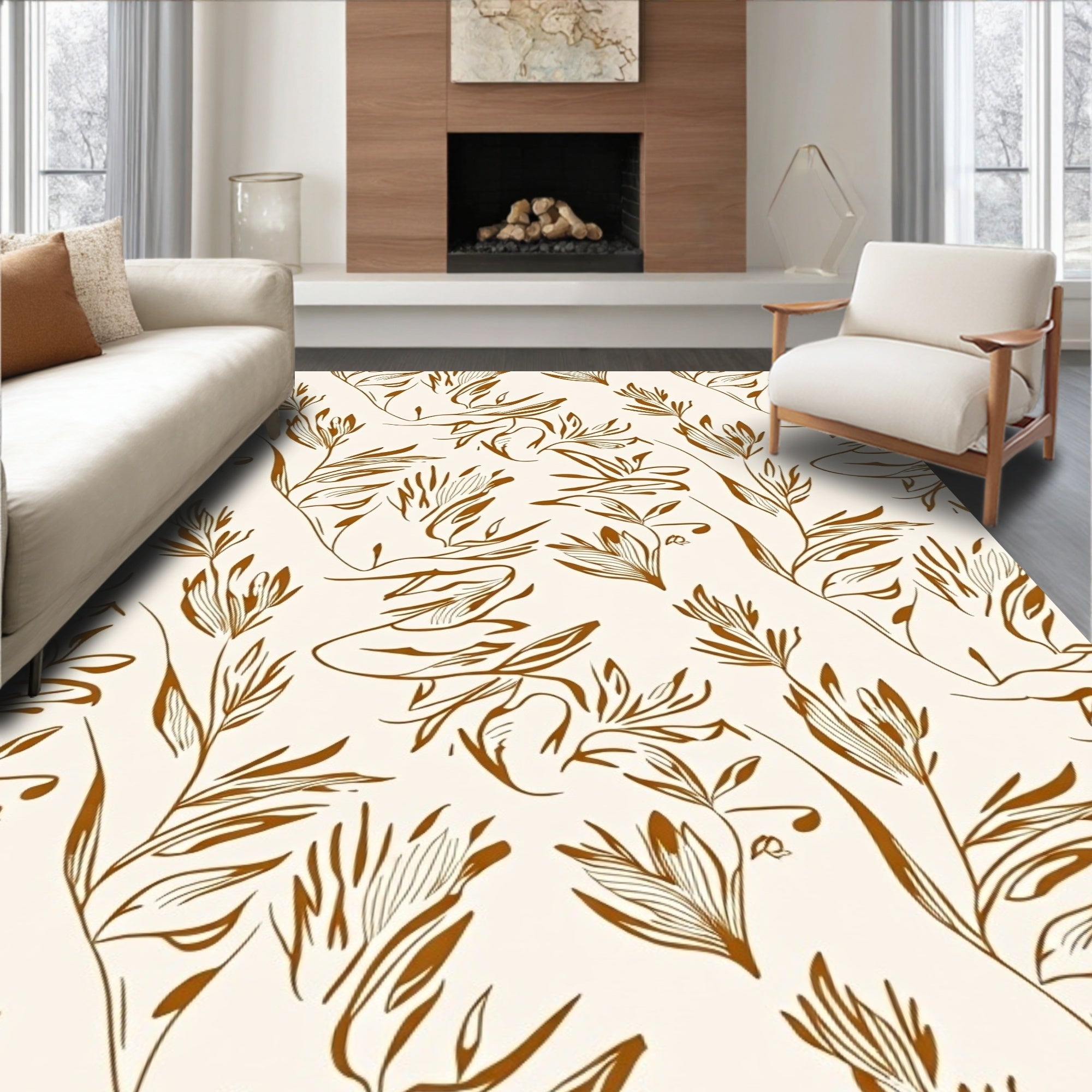 Botanical Line Art Abstract Cream Brown Rug
