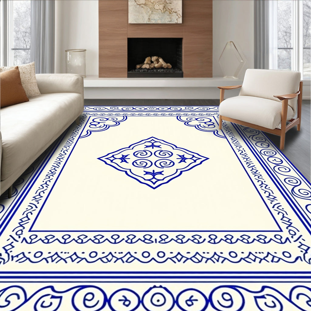 Ornate Blue Cream Medallion Border Rug
