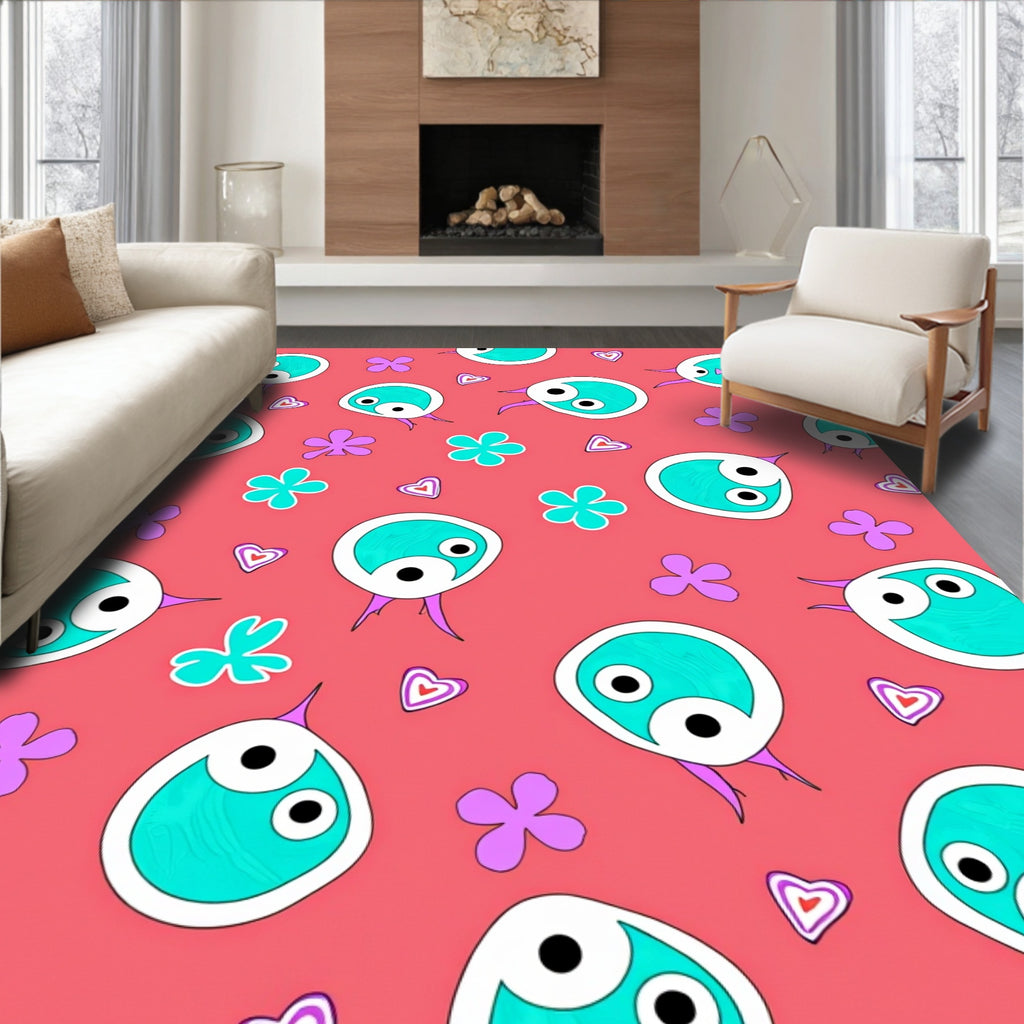 Whimsical Aqua Creature Heart Pattern Rug
