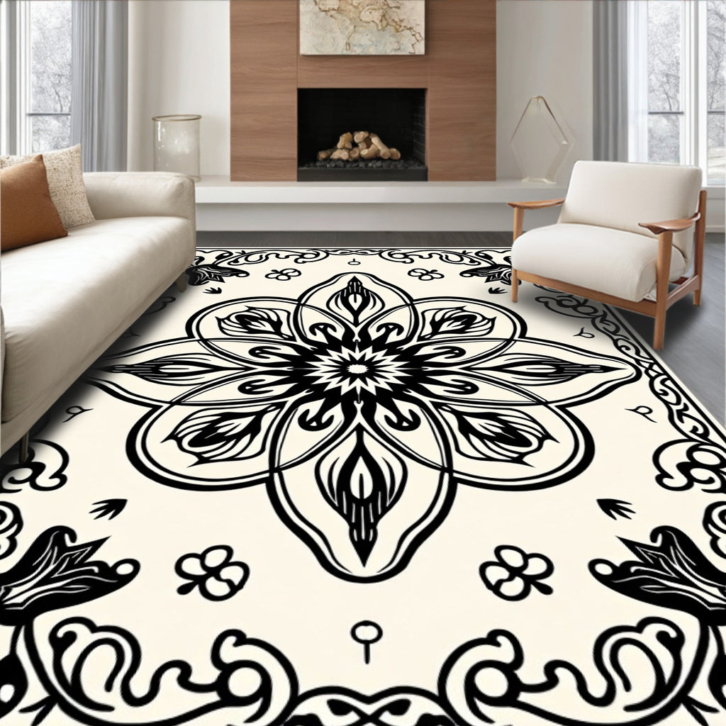 Elegant Black Floral Mandala Design Rug